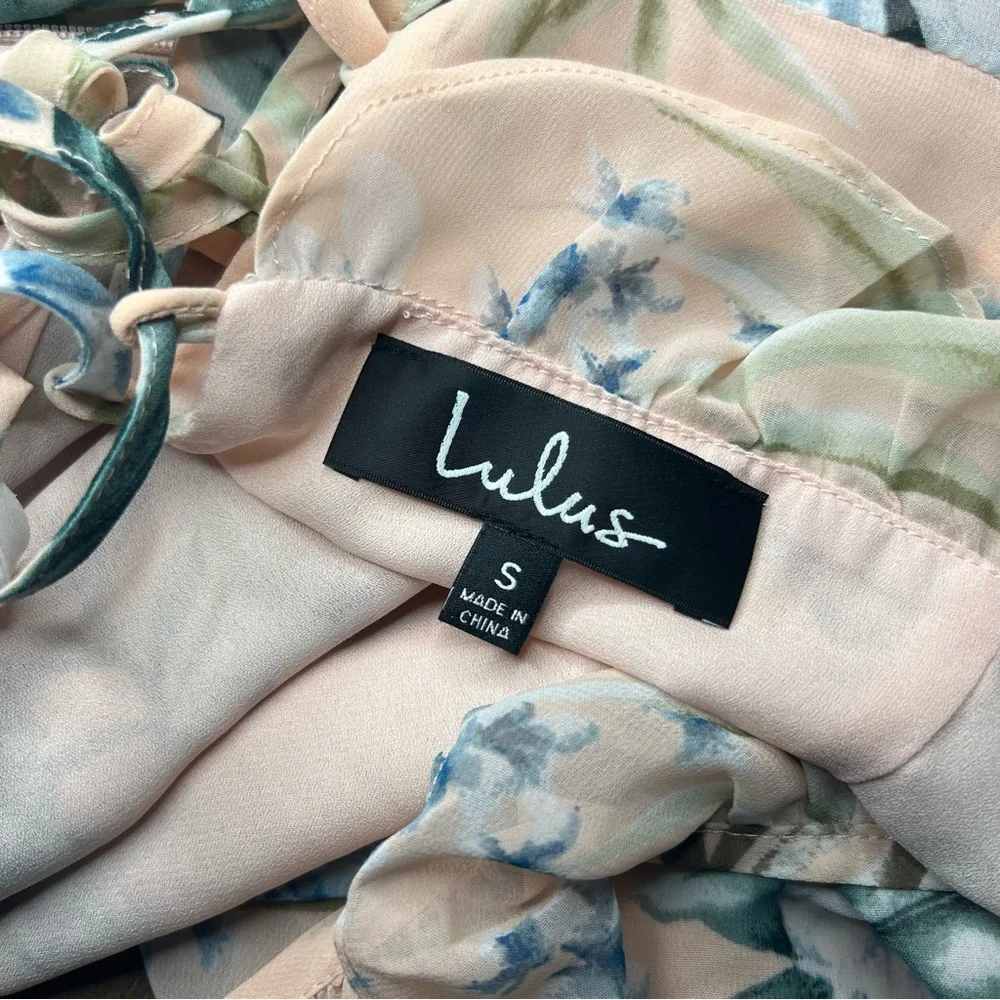 Lulus Sunrise Journey Blush Floral Lace Up Ruffle Mini Dress Size Small - Picture 15 of 16